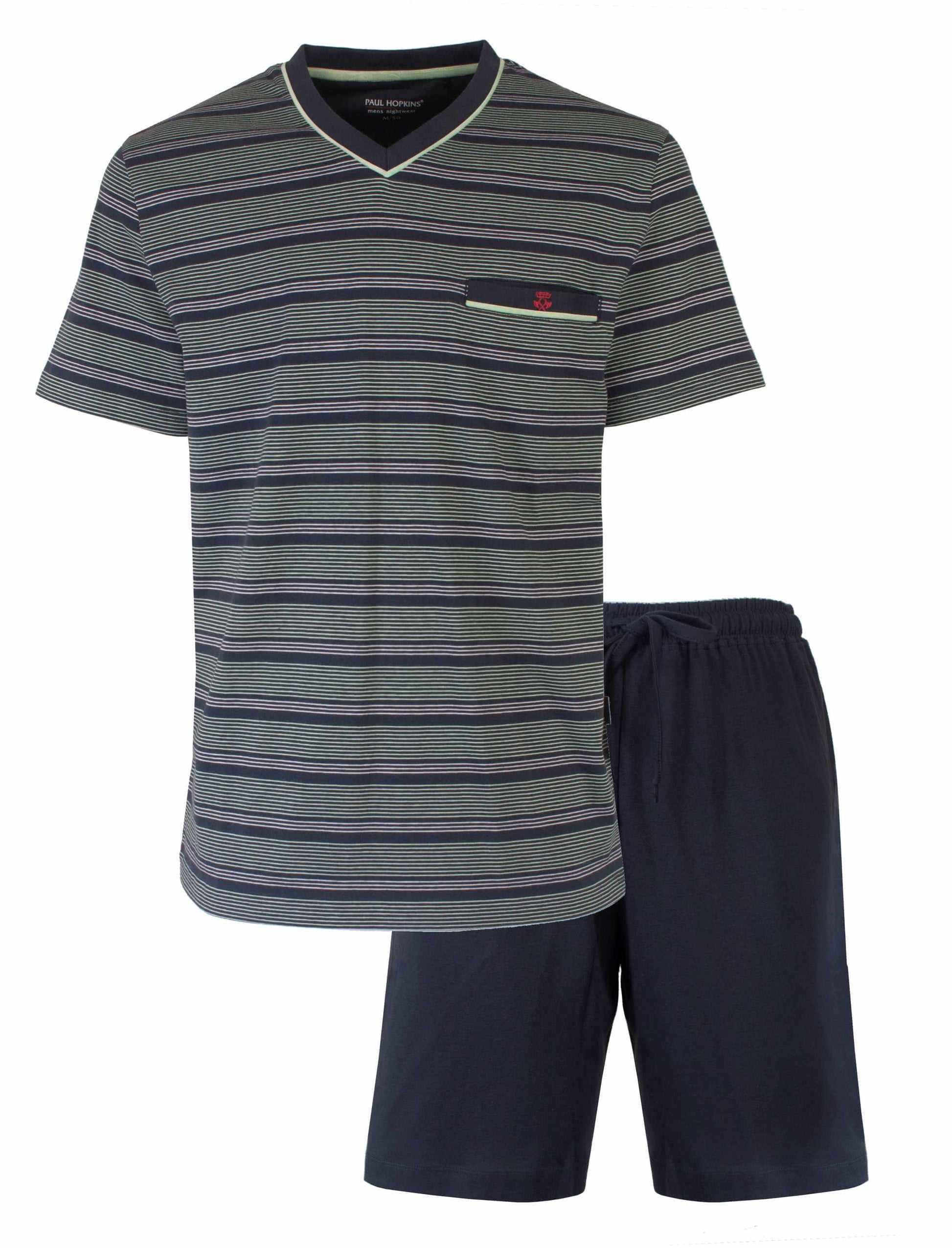 Gestreepte heren pyjama setje met groen-blauw T-shirt en donkerblauwe korte broek van Paul Hopkins