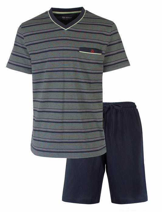 Gestreepte heren pyjama setje met groen-blauw T-shirt en donkerblauwe korte broek van Paul Hopkins