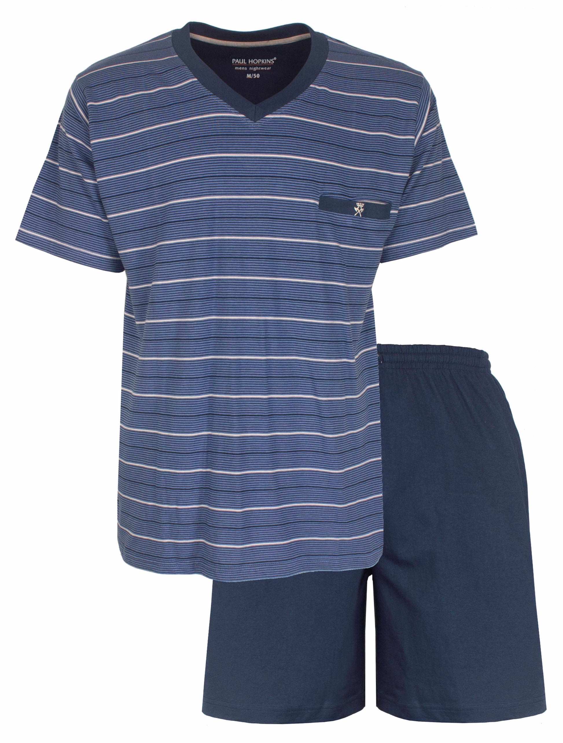 Jeans blauwe gestreepte heren shortama met V-hals en korte broek van Paul Hopkins