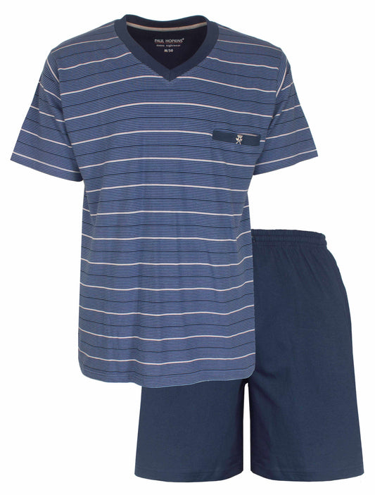 Jeans blauwe gestreepte heren shortama met V-hals en korte broek van Paul Hopkins