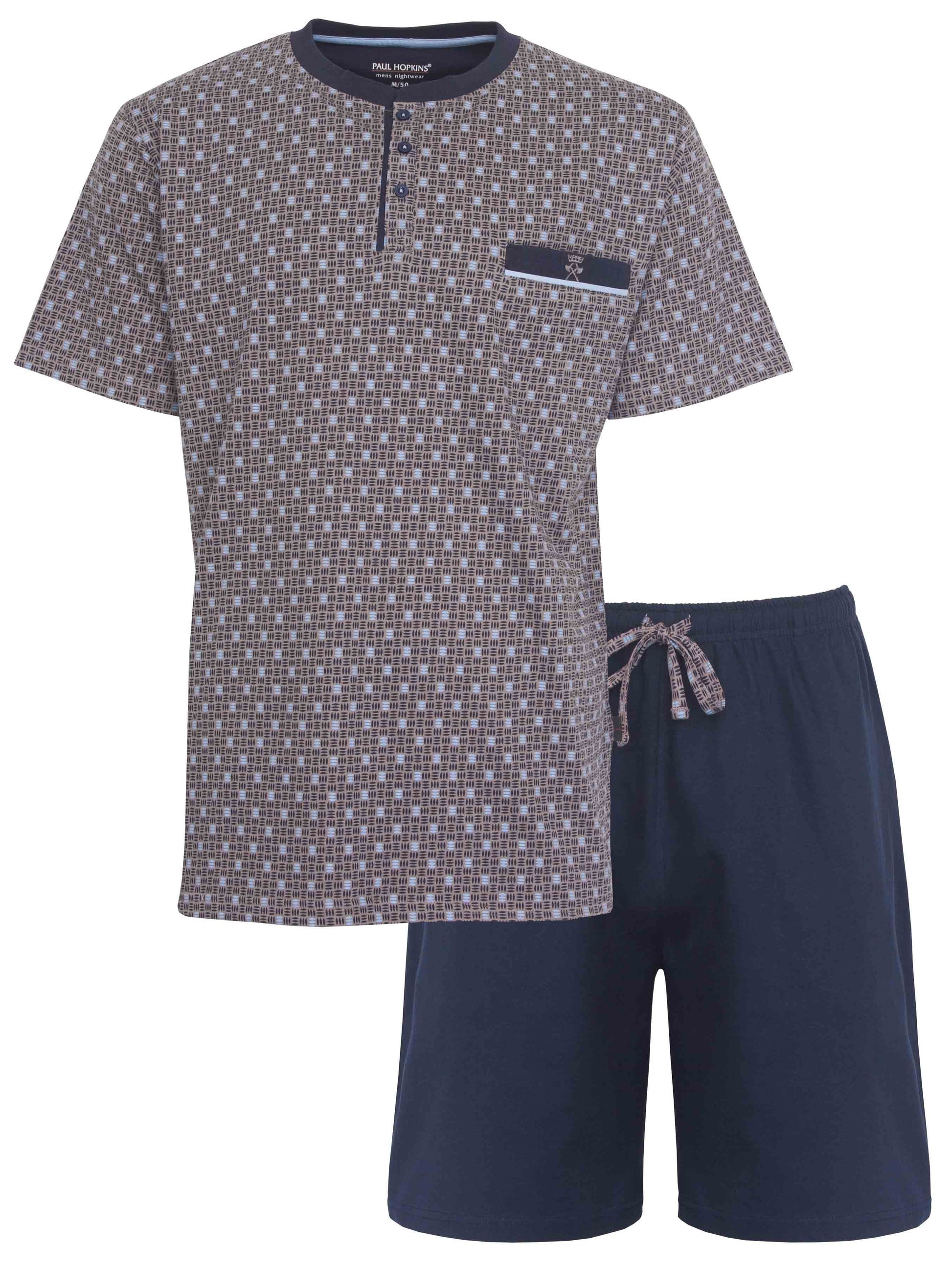 Khaki shortama met geruit shirt en donkerblauwe shorts, gemaakt van 100% katoen voor heren pyjama set