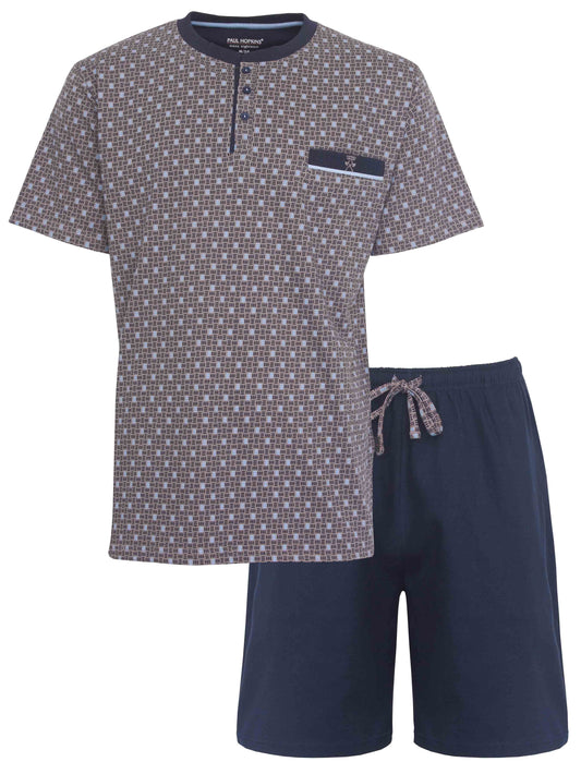 Khaki shortama met geruit shirt en donkerblauwe shorts, gemaakt van 100% katoen voor heren pyjama set