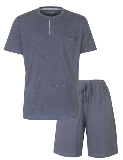 Lichtblauwe heren pyjama set met geprint dessin, bestaande uit een T-shirt met korte mouwen en korte broek