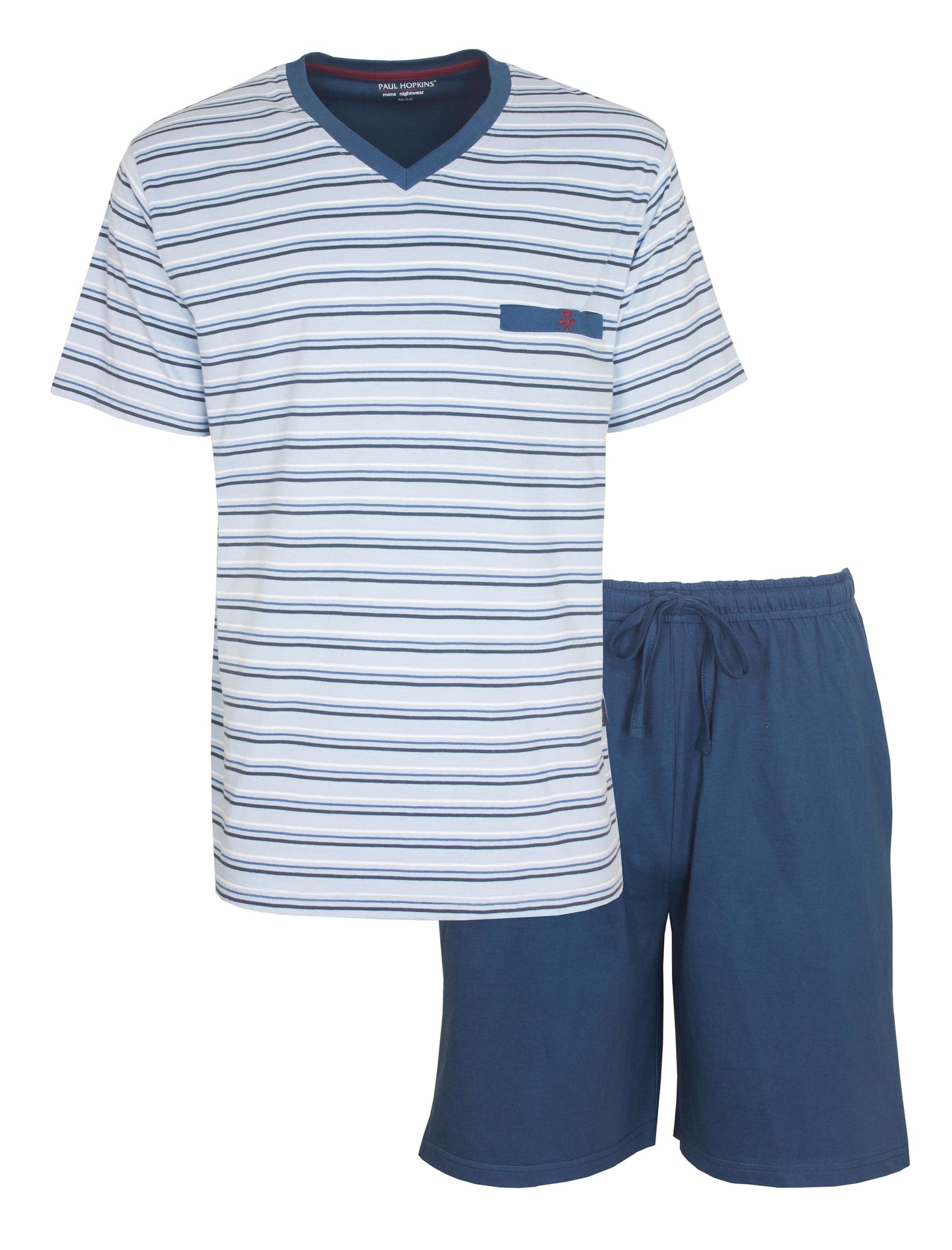 Lichtblauwe gestreepte heren pyjama set met V-hals T-shirt en effen korte broek van Paul Hopkins