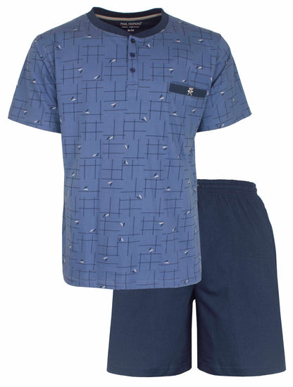 Lichtblauwe pyjama set met geprint dessin, korte mouwen en pijpen, polo sluiting en borstzakje