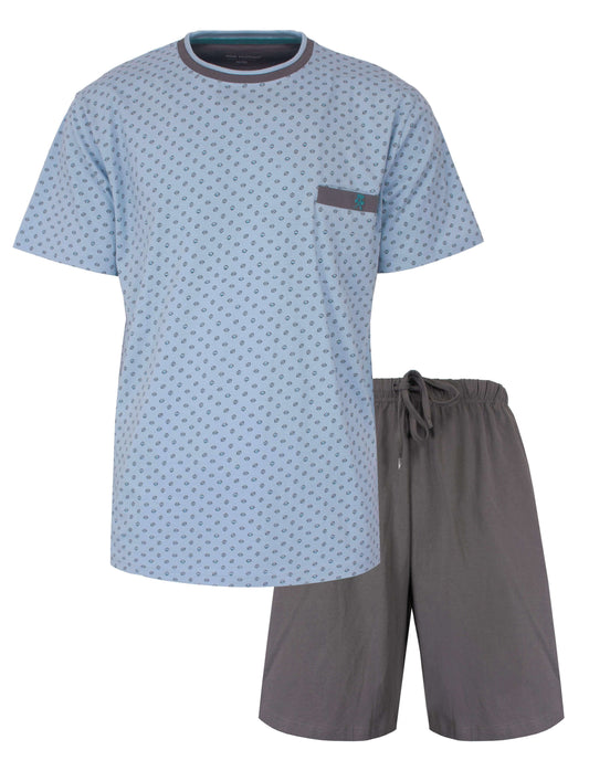 Lichtblauwe heren shortama met geprint dessin en ronde hals, inclusief grijze korte broek met trekkoord