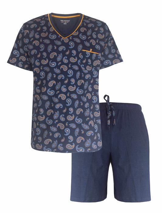 Blauwe pyjama set met paisley print, korte broek en t-shirt met V-hals en borstzakje met oranje bies