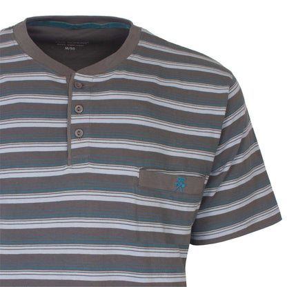 Gestreepte heren T-shirt met korte mouwen en polo sluiting in grijze en lichtblauwe tinten, met borstzakje