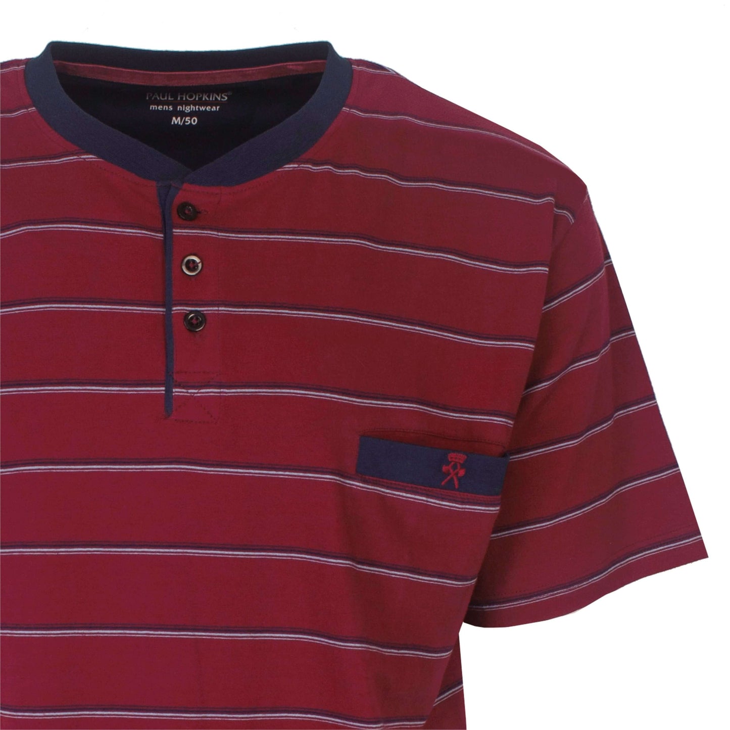 Rode gestreepte polo-stijl bovenkant van heren shortama met donkerblauwe kraag en Paul Hopkins logo