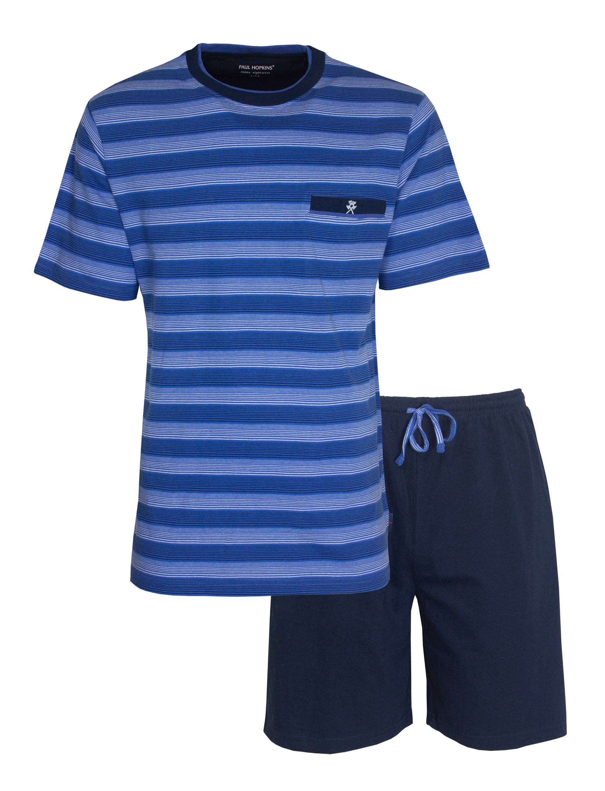 Blauwe gestreepte heren shortama set met T-shirt en korte broek van Paul Hopkins, gemaakt van katoen