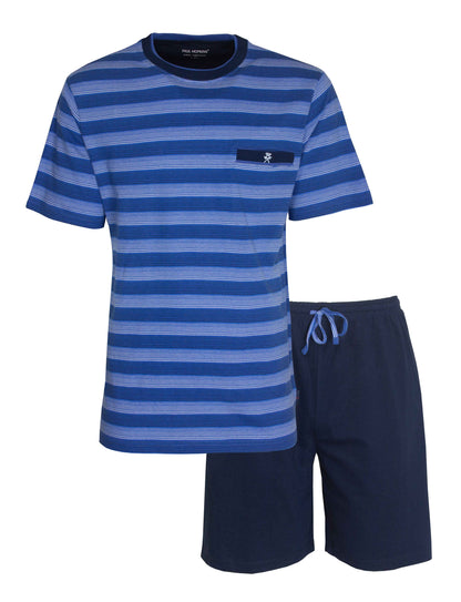 Blauwe gestreepte heren shortama set met T-shirt en korte broek van Paul Hopkins, gemaakt van katoen