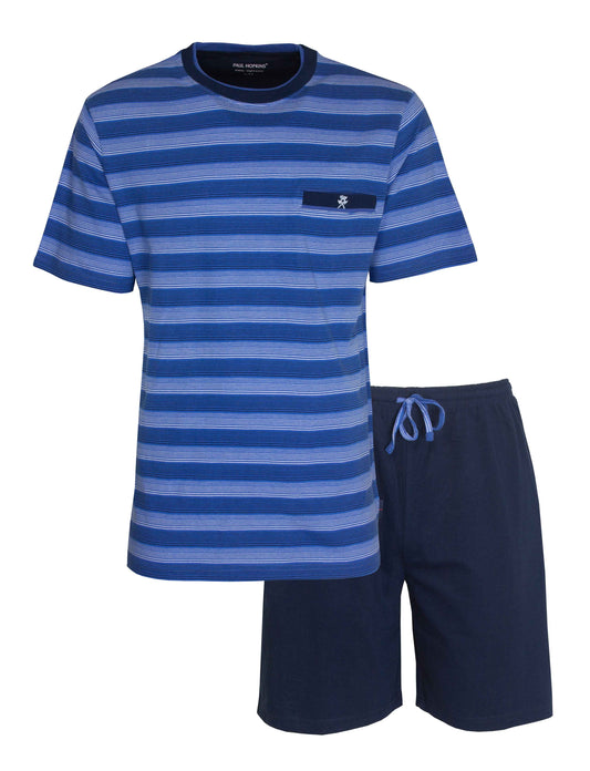 Blauwe gestreepte heren shortama set met T-shirt en korte broek van Paul Hopkins, gemaakt van katoen