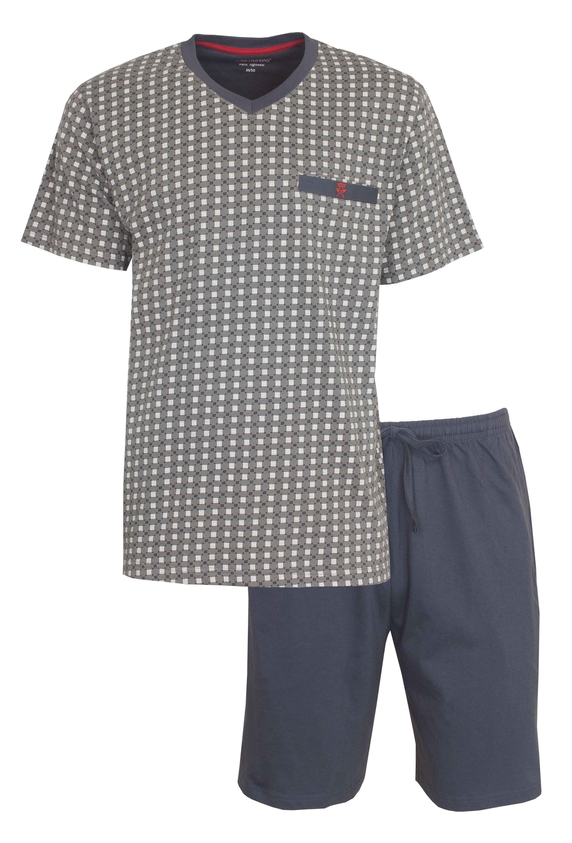 Blauwe heren shortama set met geruit T-shirt en effen korte broek, V-hals en borstzakje met geborduurd logo