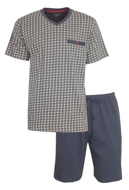 Blauwe heren shortama set met geruit T-shirt en effen korte broek, V-hals en borstzakje met geborduurd logo
