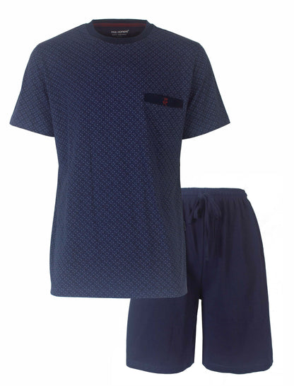 Blauwe heren pyjama set met geprint patroon op shirt en effen korte broek, merk Paul Hopkins