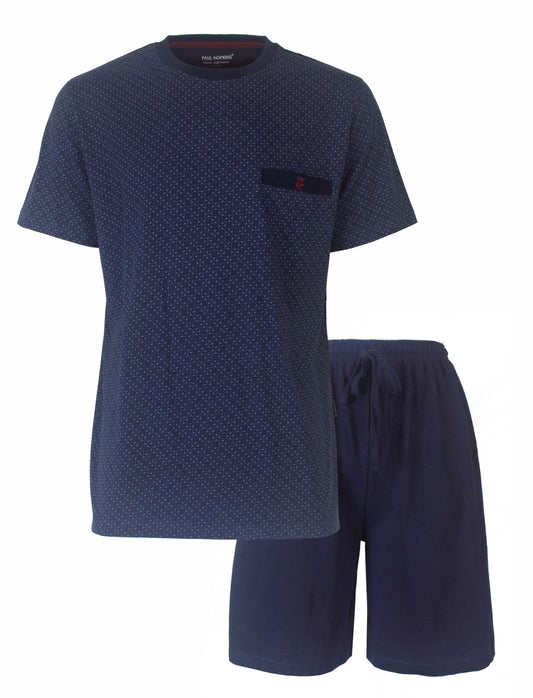 Blauwe heren pyjama set met geprint patroon op shirt en effen korte broek, merk Paul Hopkins