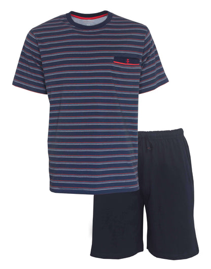 Blauw gestreepte heren pmet korte mouwen en korte broek. T-shirt heeft borstzakje, broek is effen donkerblauw.
