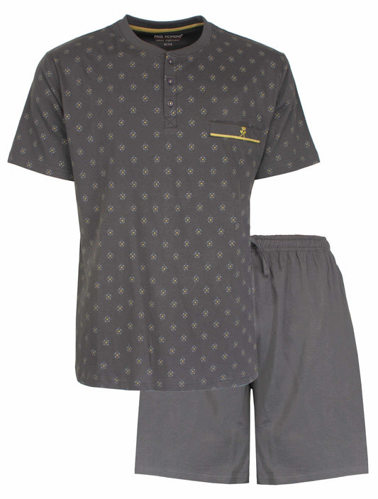 Grijze heren pyjama set met geprint dessin, polo sluiting en korte broek van Paul Hopkins