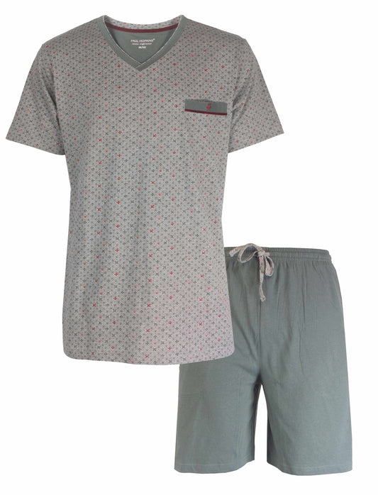 Grijze heren pyjama set met geometrisch patroon op shirt en effen korte broek, V-hals en borstzakje
