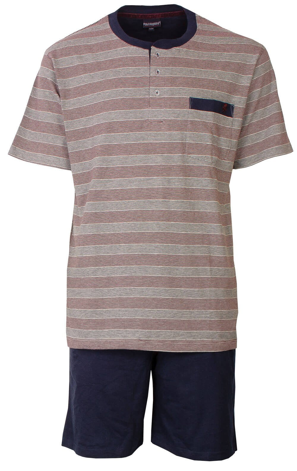 Gestreepte heren shortama met polo-hals, korte mouwen en donkerblauwe korte broek van Paul Hopkins