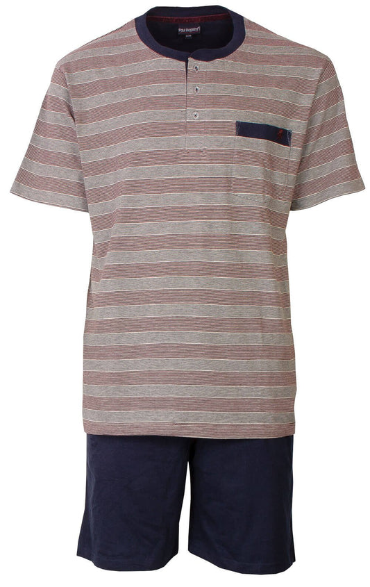 Gestreepte heren shortama met polo-hals, korte mouwen en donkerblauwe korte broek van Paul Hopkins
