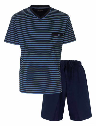 Paul Hopkins Heren Shortama - met V-hals - Gestreept Blauw