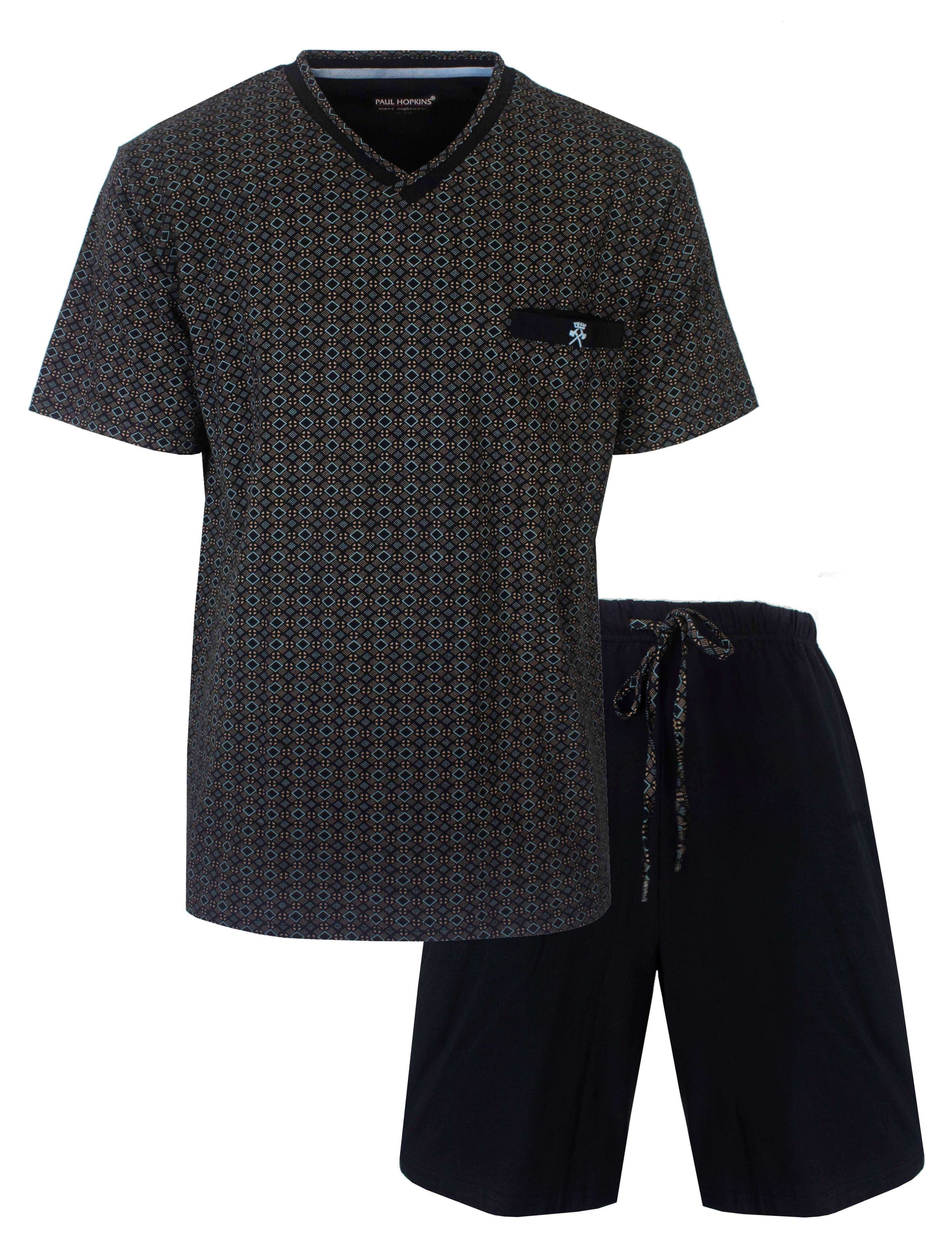 Donkerblauwe heren shortama met V-hals en geometrisch patroon, inclusief korte broek met trekkoord
