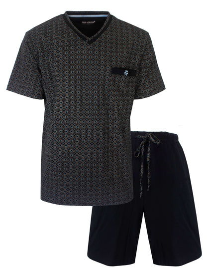 Donkerblauwe heren shortama met V-hals en geometrisch patroon, inclusief korte broek met trekkoord