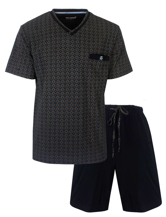 Donkerblauwe heren shortama met V-hals en geometrisch patroon, inclusief korte broek met trekkoord