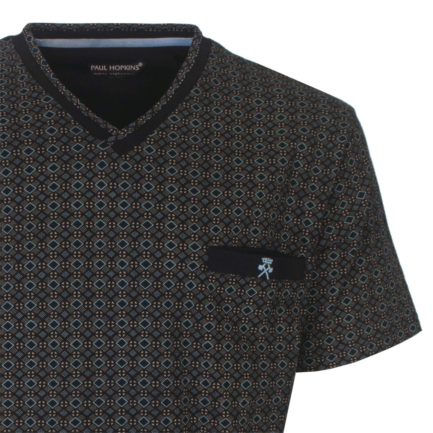 Donkerblauwe Paul Hopkins shortmet V-ormige hals en een geprint geometrisch patroon in lichtblauw en bruin.