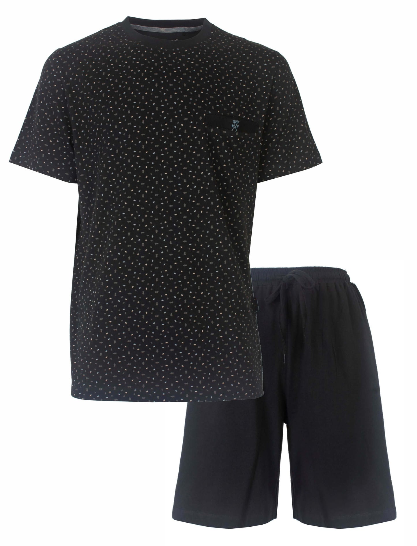 Zwarte heren pyjama setama set met geprint dessin op het shirt en effen zwarte shorts van Paul Hopkins.