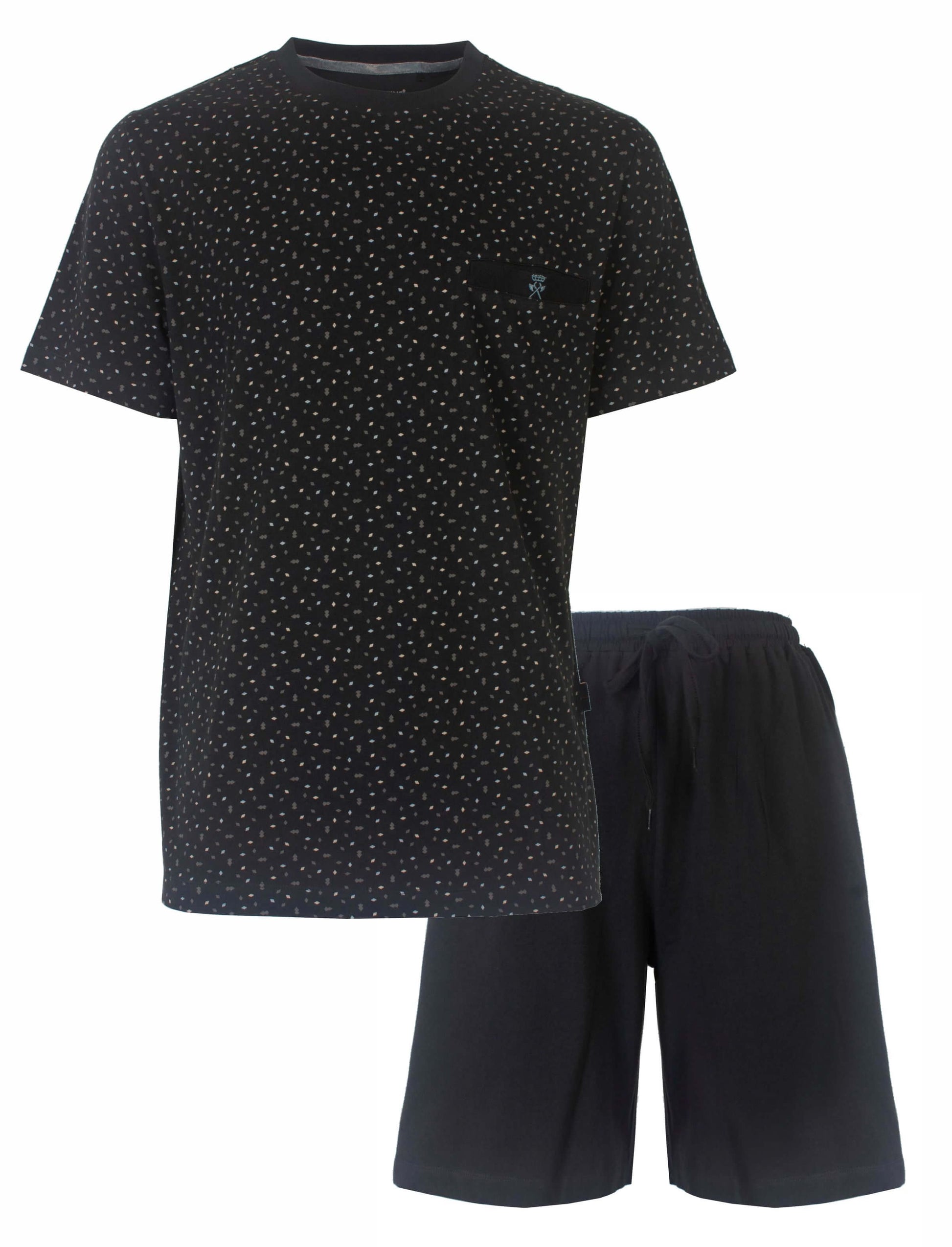 Zwarte heren pyjama setama set met geprint dessin op het shirt en effen zwarte shorts van Paul Hopkins.