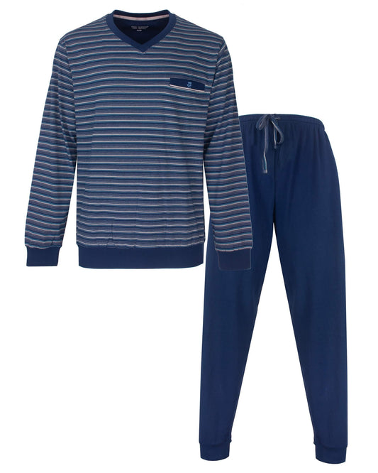 Paul Hopkins Heren Pyjama -  Gestreept - Lange Mouwen - V-hals - Blauw - vooraanzicht