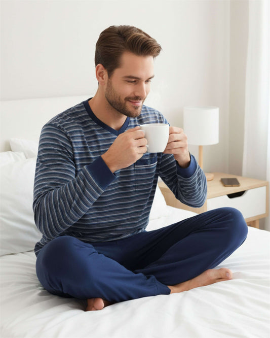 Paul Hopkins Heren Pyjama -  Gestreept - Lange Mouwen - V-hals - Blauw - achteraanzicht