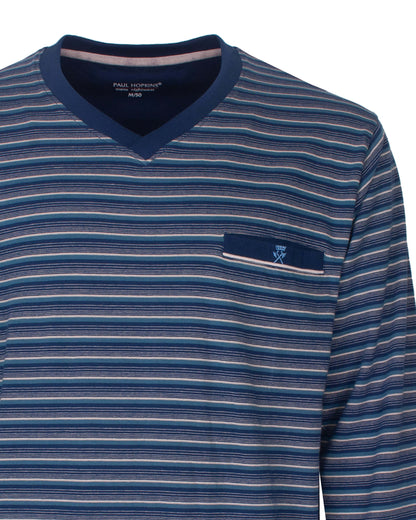 Paul Hopkins Heren Pyjama -  Gestreept - Lange Mouwen - V-hals - Blauw - detail