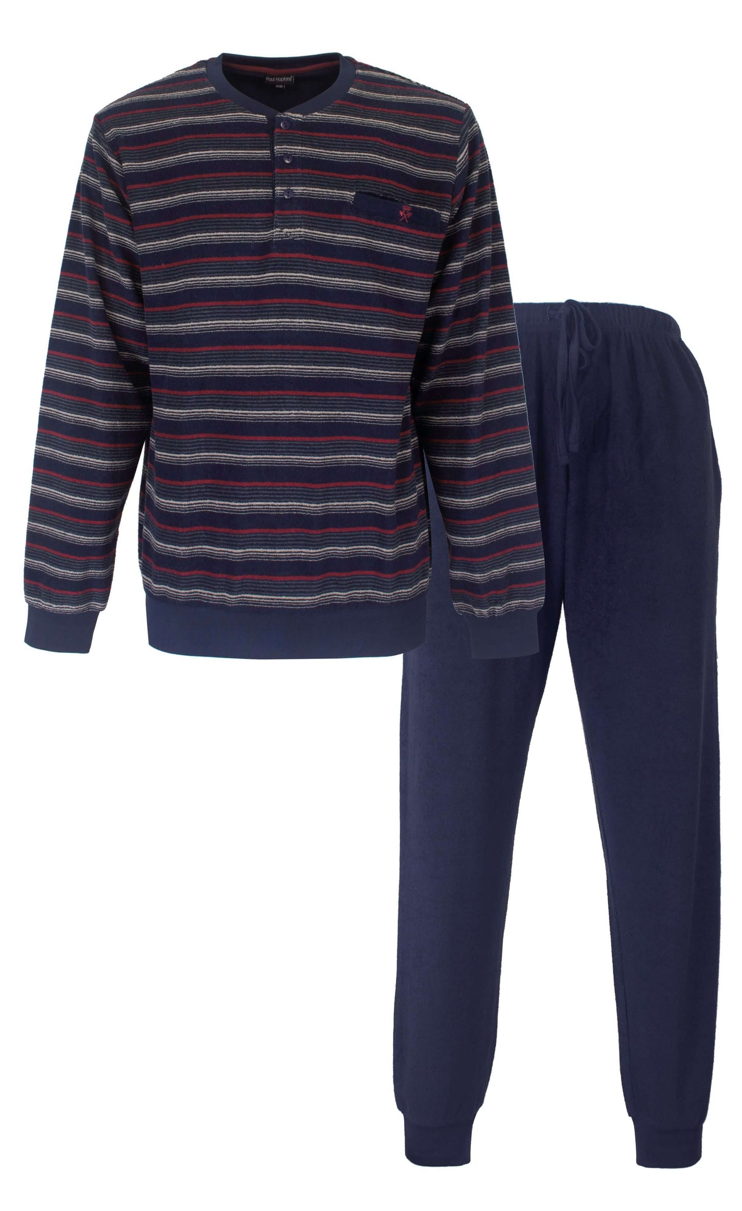 Paul Hopkins Heren Pyjama -  Badstof  - Lange Mouwen - Gestreept -  Donker Blauw - vooraanzicht
