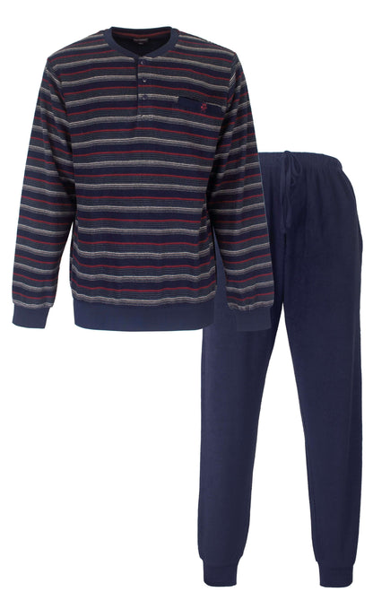 Paul Hopkins Heren Pyjama -  Badstof  - Lange Mouwen - Gestreept -  Donker Blauw - vooraanzicht