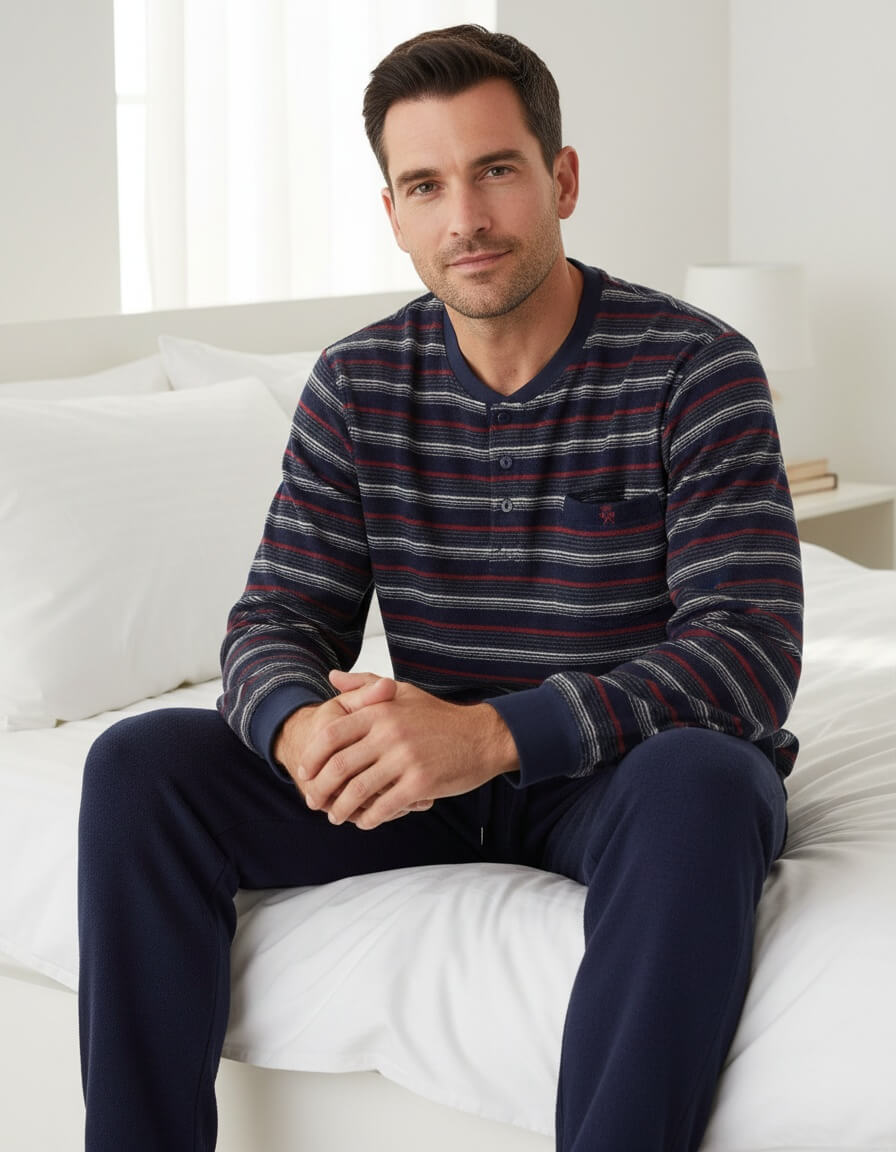 Paul Hopkins Heren Pyjama -  Badstof  - Lange Mouwen - Gestreept -  Donker Blauw - achteraanzicht