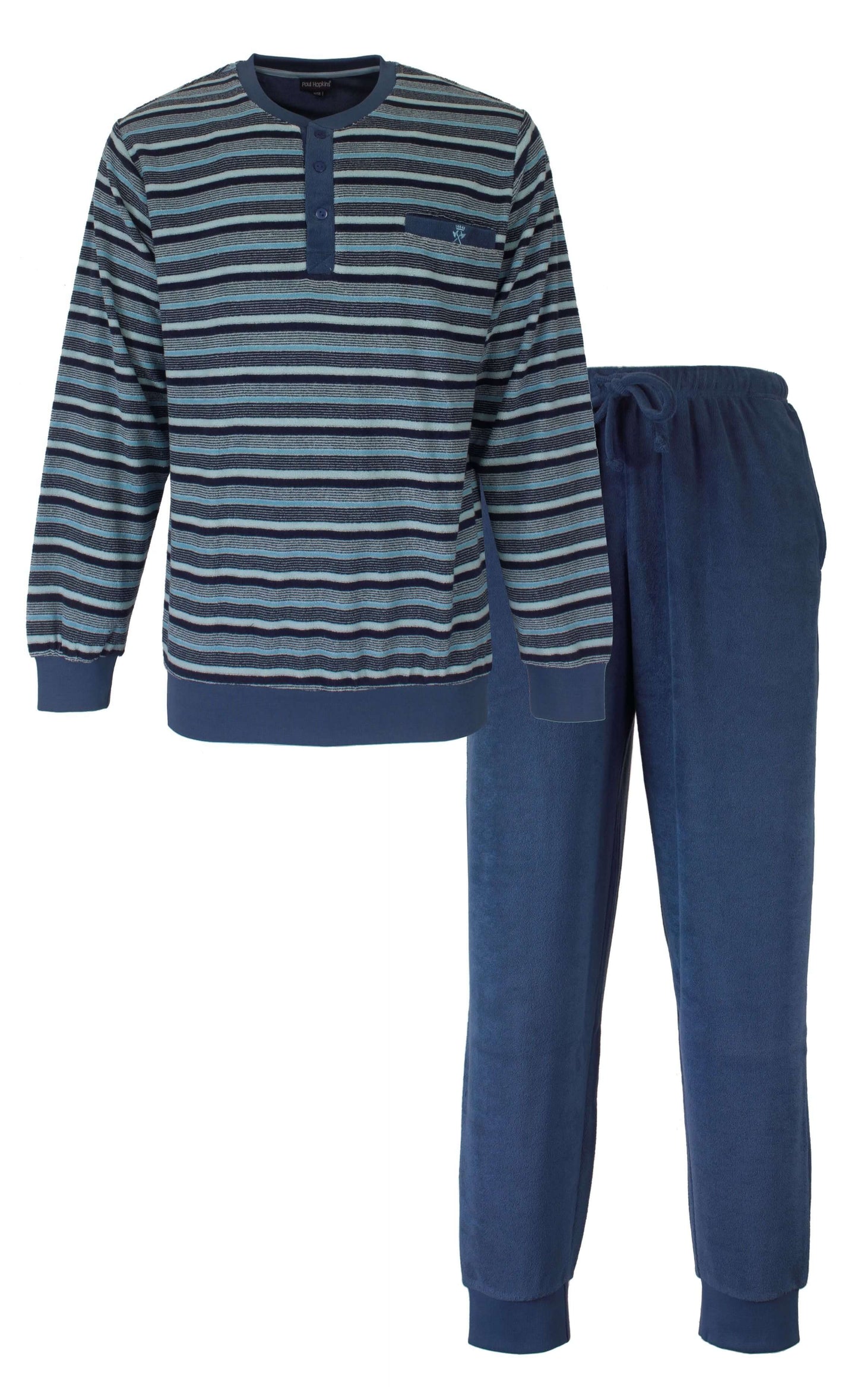 Paul Hopkins Heren Badstof Pyjama - Lange Mouwen - Blauw. - vooraanzicht