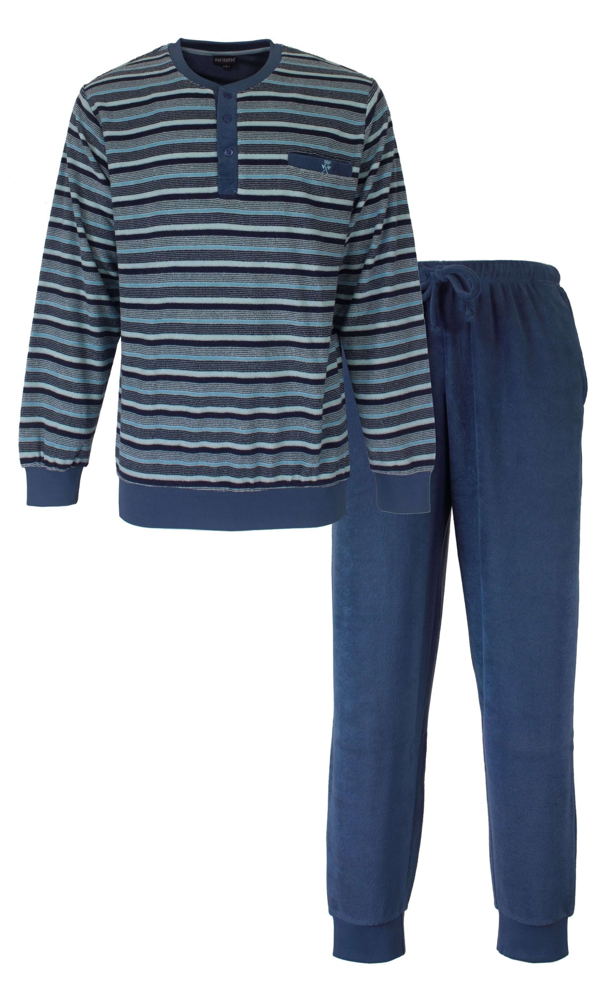 Paul Hopkins Heren Badstof Pyjama - Lange Mouwen - Blauw. - vooraanzicht