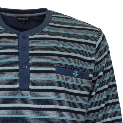Paul Hopkins Heren Badstof Pyjama - Lange Mouwen - Blauw. - detail