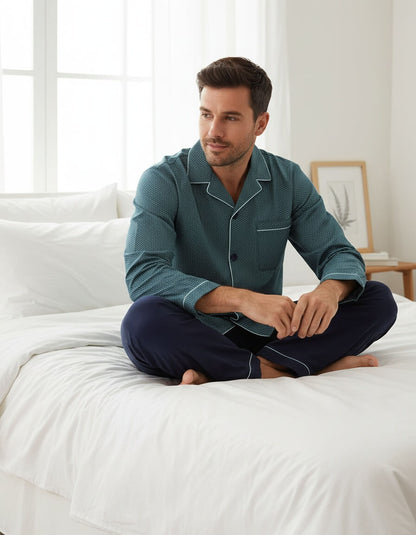 Paul Hopkins Heren Pyjama -  Geweven - Lange Mouwen -  Groen Blauw - achteraanzicht