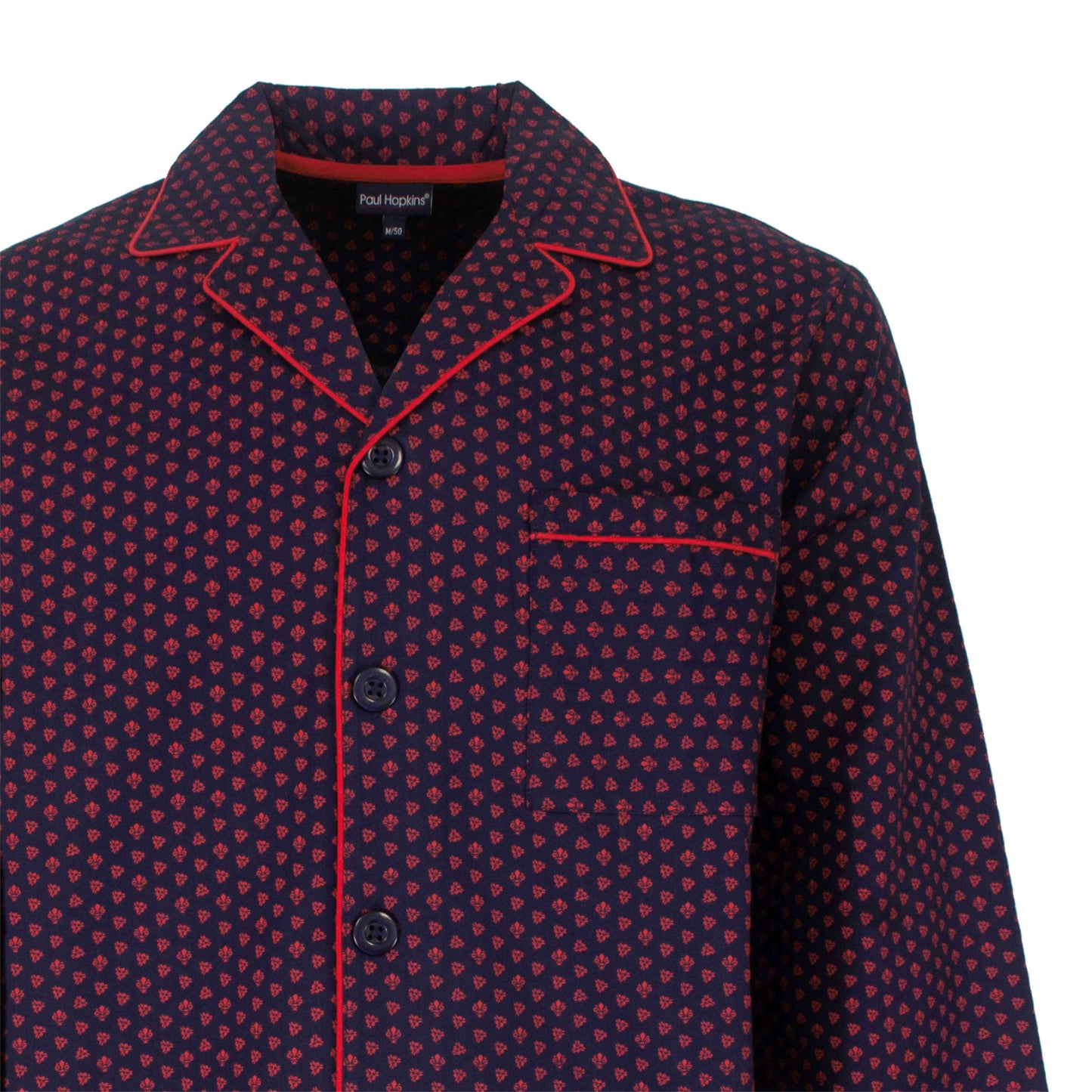 Paul Hopkins Heren Pyjama- lange Mouwen  -  Geweven  - Blauw en  Rood - detail