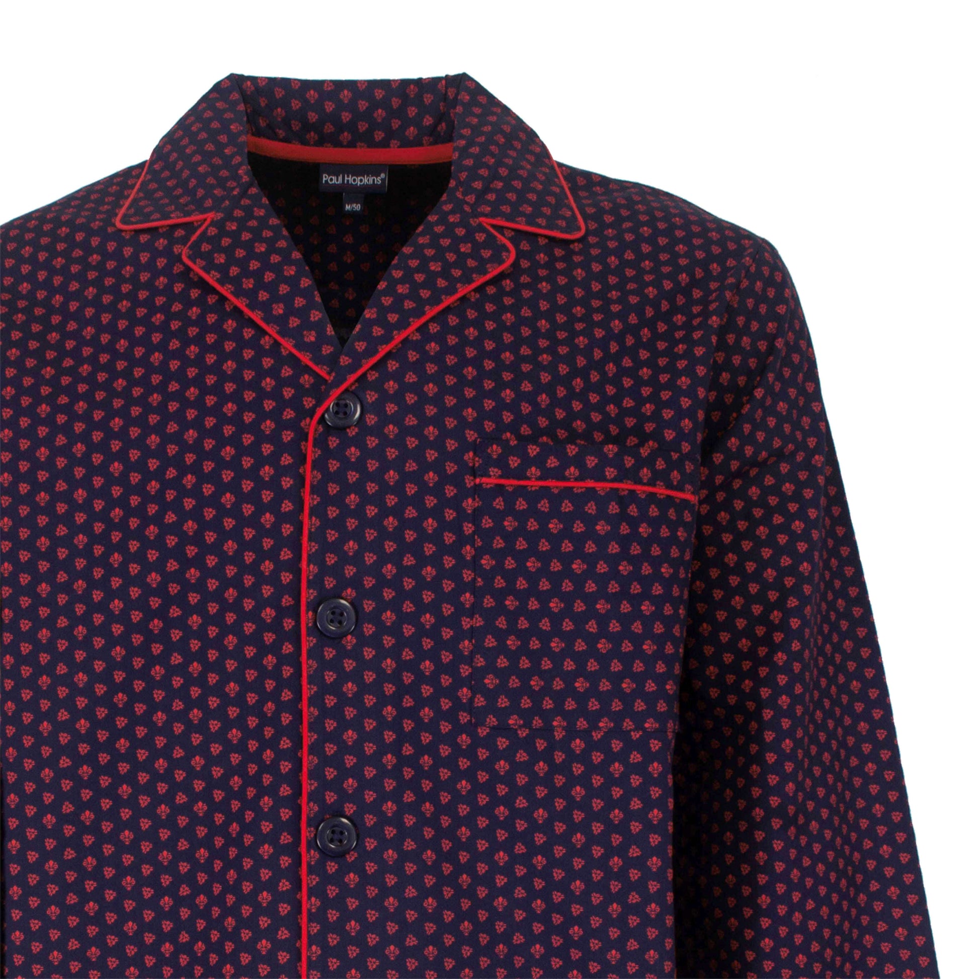 Paul Hopkins Heren Pyjama- lange Mouwen  -  Geweven  - Blauw en  Rood - detail