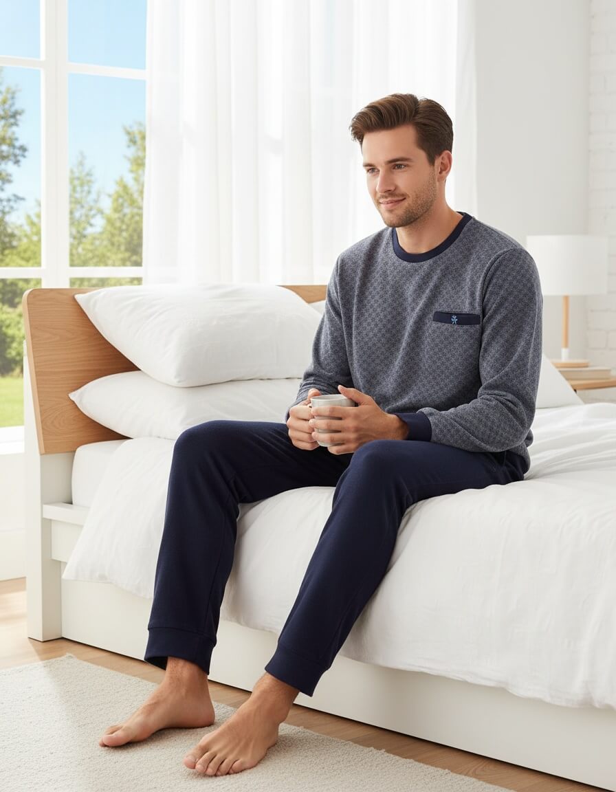 Paul Hopkins Heren Fleece Pyjama - Katoen - Lange Mouwen -  Blauw - achteraanzicht