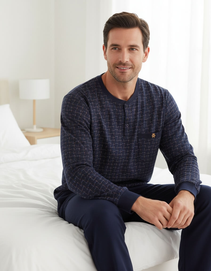 Paul Hopkins Heren Pyjama - Lange Mouwen- Geprint dessin- Donker Blauw. - achteraanzicht