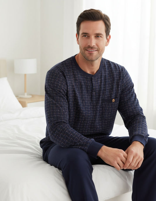 Paul Hopkins Heren Pyjama - Lange Mouwen- Geprint dessin- Donker Blauw. - achteraanzicht