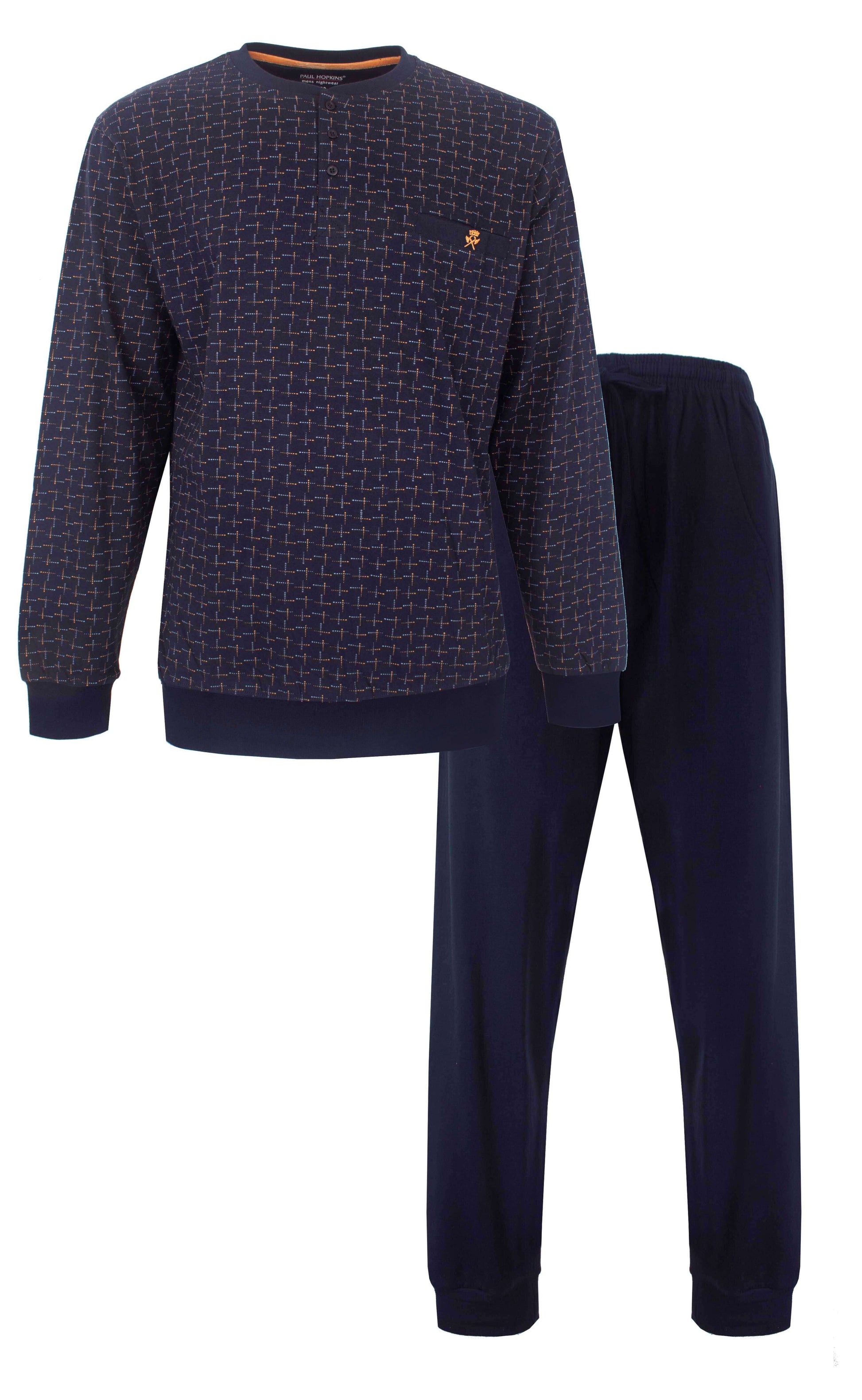 Paul Hopkins Heren Pyjama - Lange Mouwen- Geprint dessin- Donker Blauw. - vooraanzicht