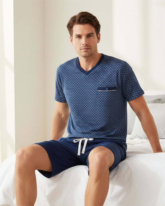  Paul Hopkins Heren Shortama - Korte Mouwen -  V-hals - Blauw - achteraanzicht