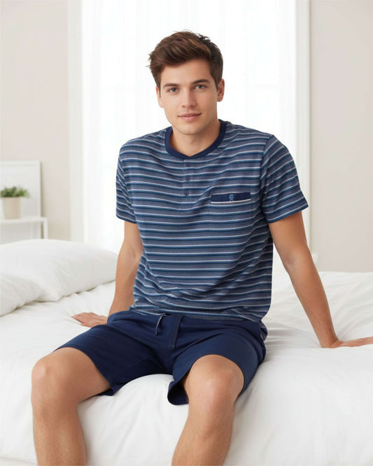 Paul Hopkins Heren Shortama - Gestreept -  Polosluiting - Blauw - achteraanzicht